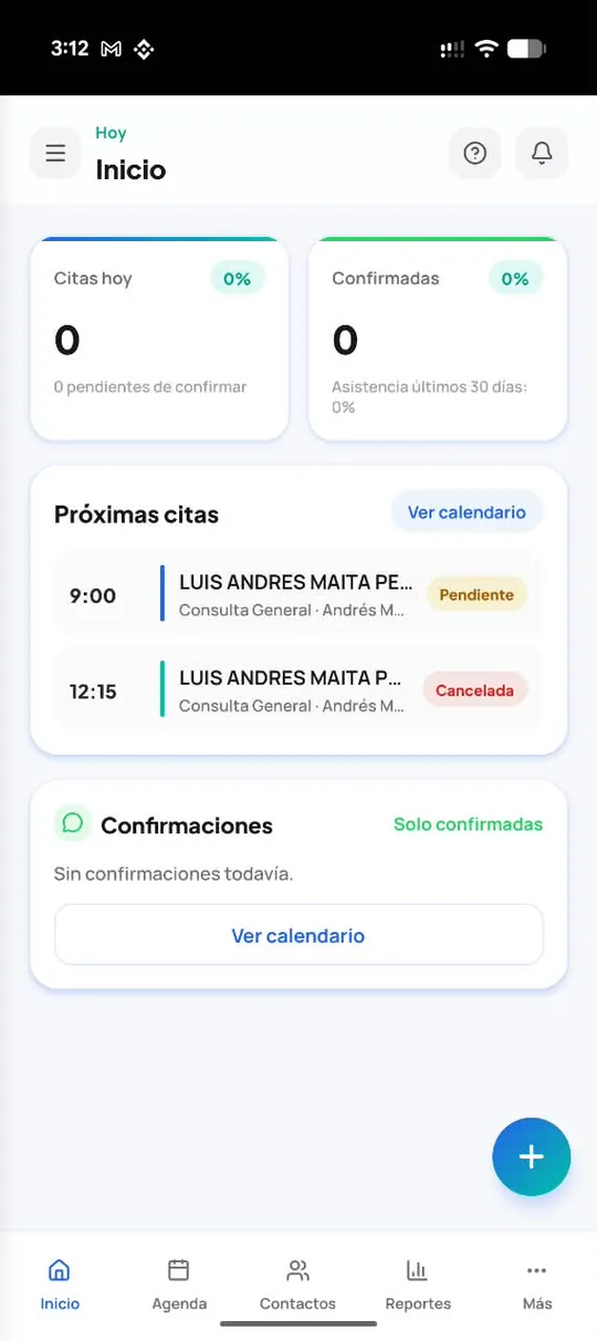 Pantalla de inicio de la app Calendando con citas de hoy, confirmadas y próximas citas