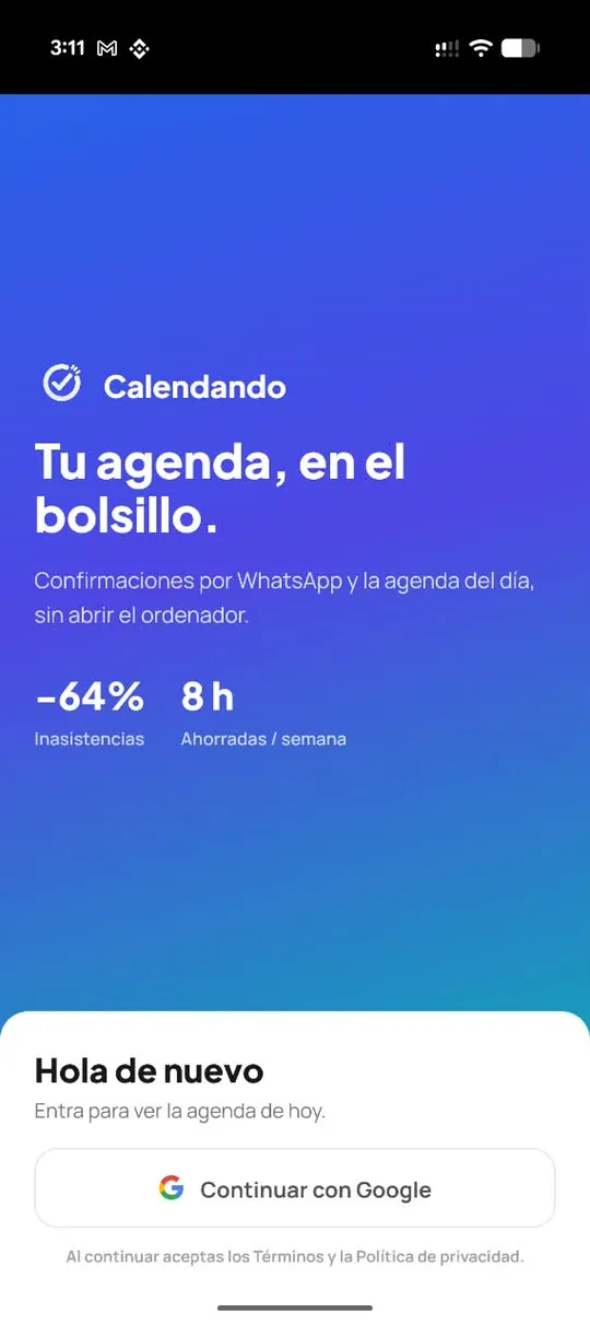 Pantalla de inicio de sesión con Google de la app Calendando