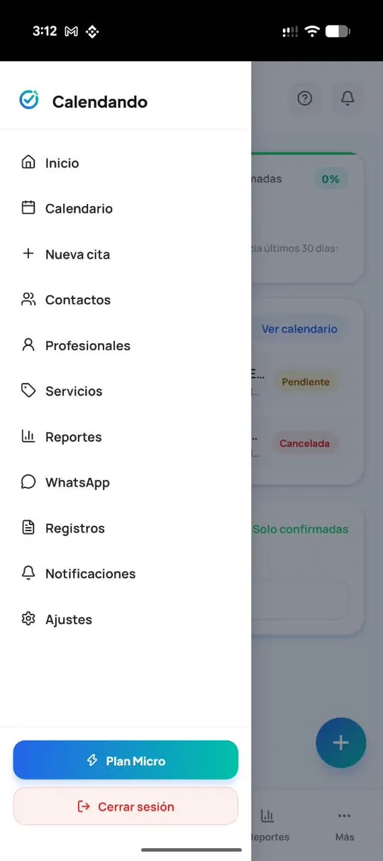 Menú de la app: inicio, calendario, nueva cita, contactos, profesionales, servicios, reportes, WhatsApp, notificaciones y ajustes