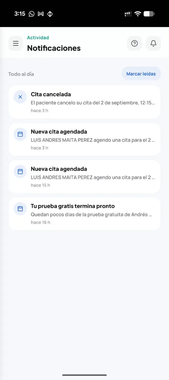 Panel de notificaciones de la app: cita cancelada, nueva cita agendada