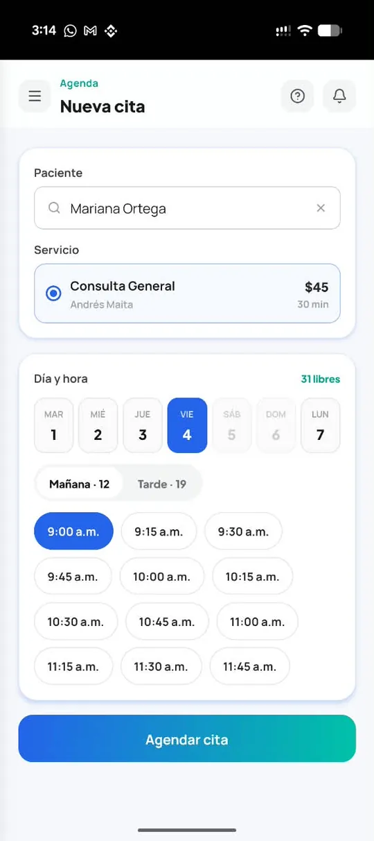Pantalla Nueva cita: elegir paciente, servicio, día y hora disponible
